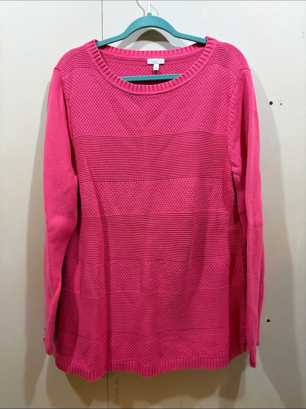 Talbots Hot Pink Striped Sweater With Pink Enamel Buttons Size XL